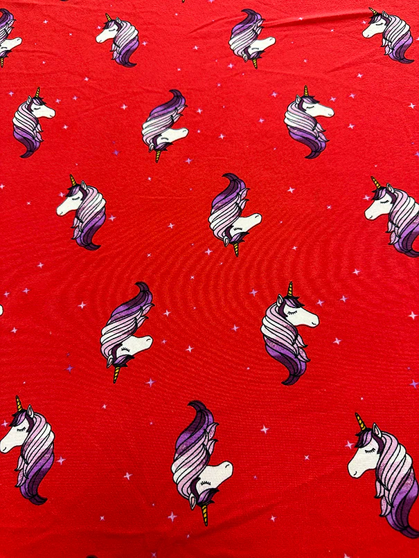 Red and White Star Unicorn Printed Double Brushed Jersey Knit Fabric - Image 3