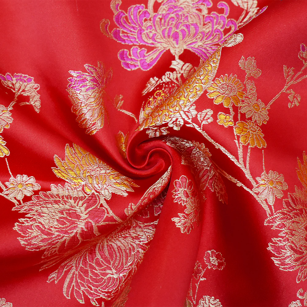 Red-Beige-Multi Polyester Floral Chinese Brocade Woven Fabric