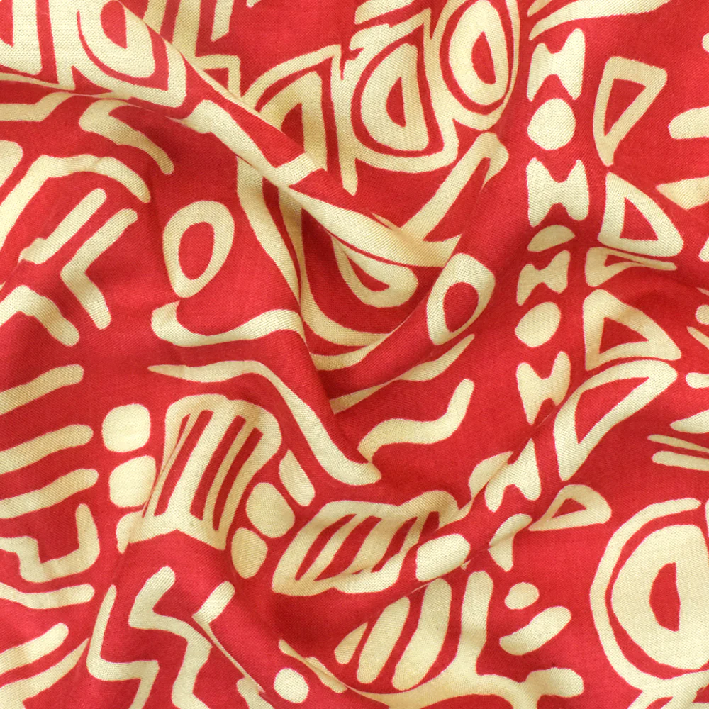 Red-Beige Tribal Symbols Printed Challis Woven Fabric - Image 3