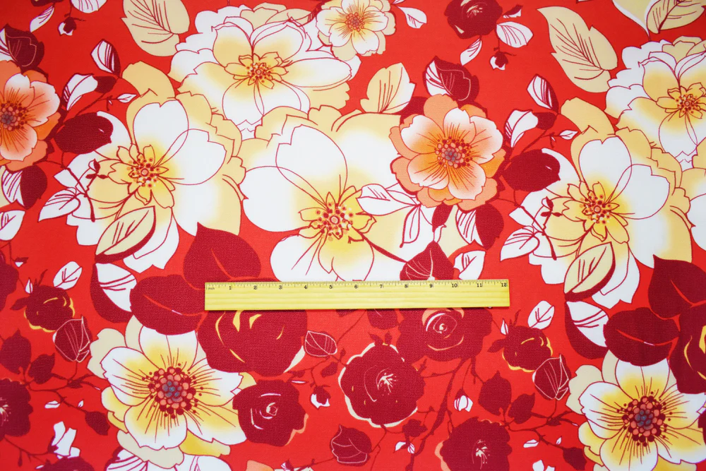 Red-Biege-Multi Poly Floral Printed Pebble Crepe Woven Fabric - Image 3