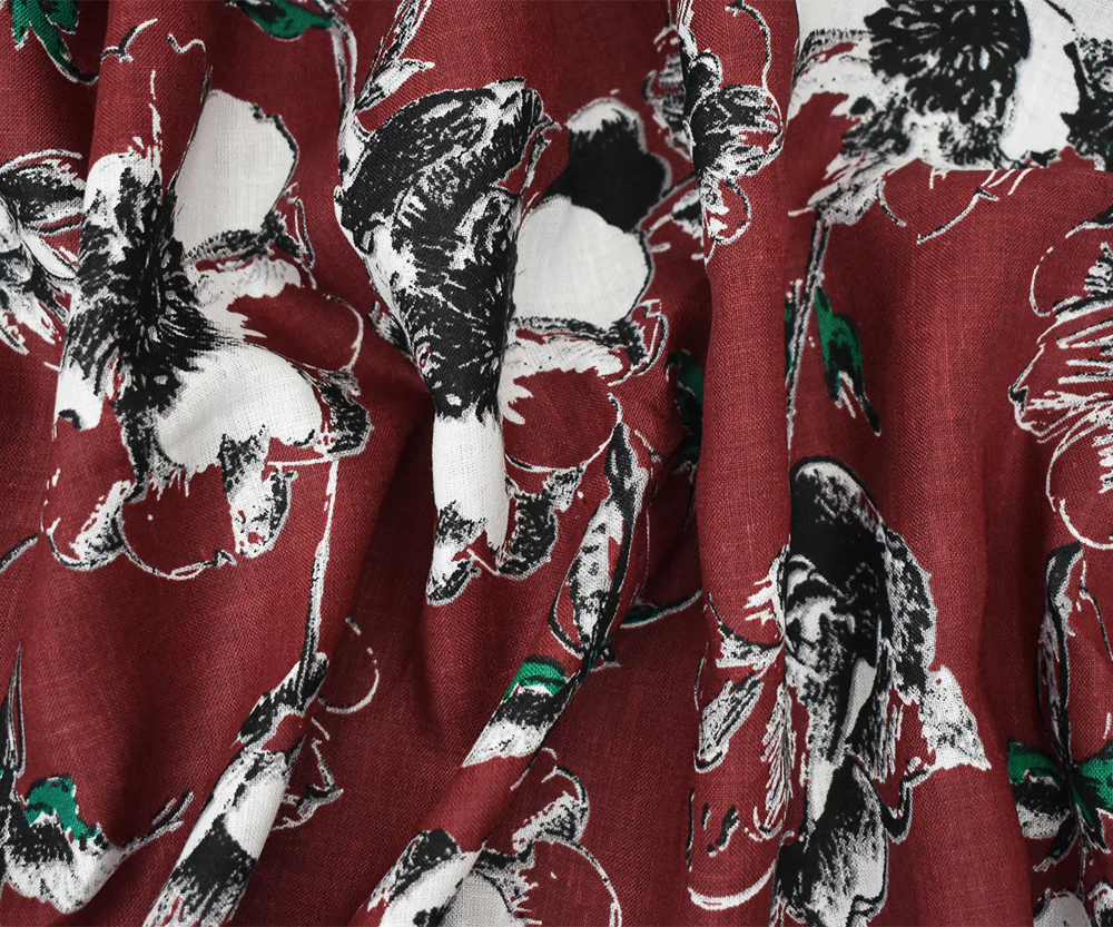 Red-Black-Green Floral Printed Linen Woven Fabric - Image 2