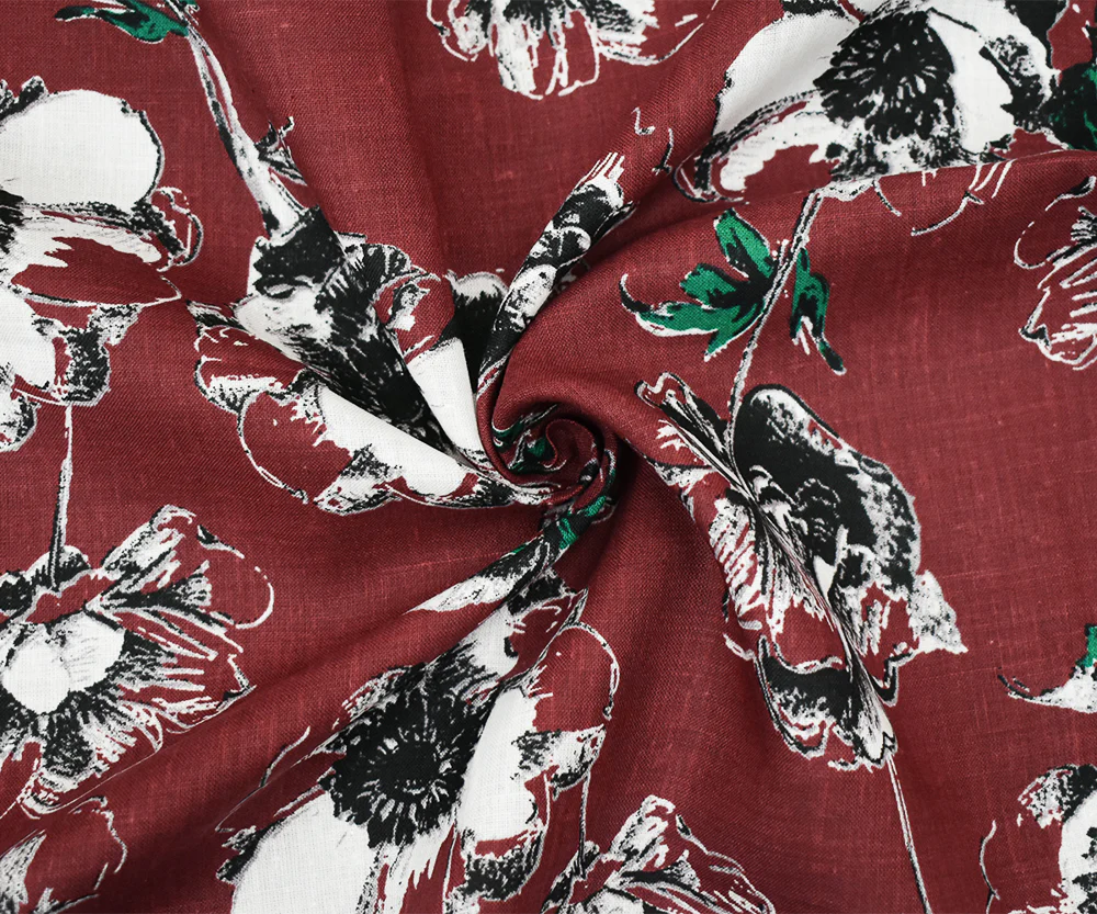Red-Black-Green Floral Printed Linen Woven Fabric - Image 3