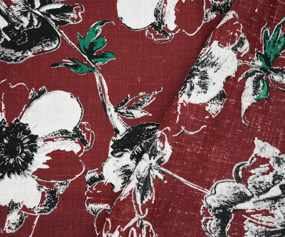 Red-Black-Green Floral Printed Linen Woven Fabric - Image 4