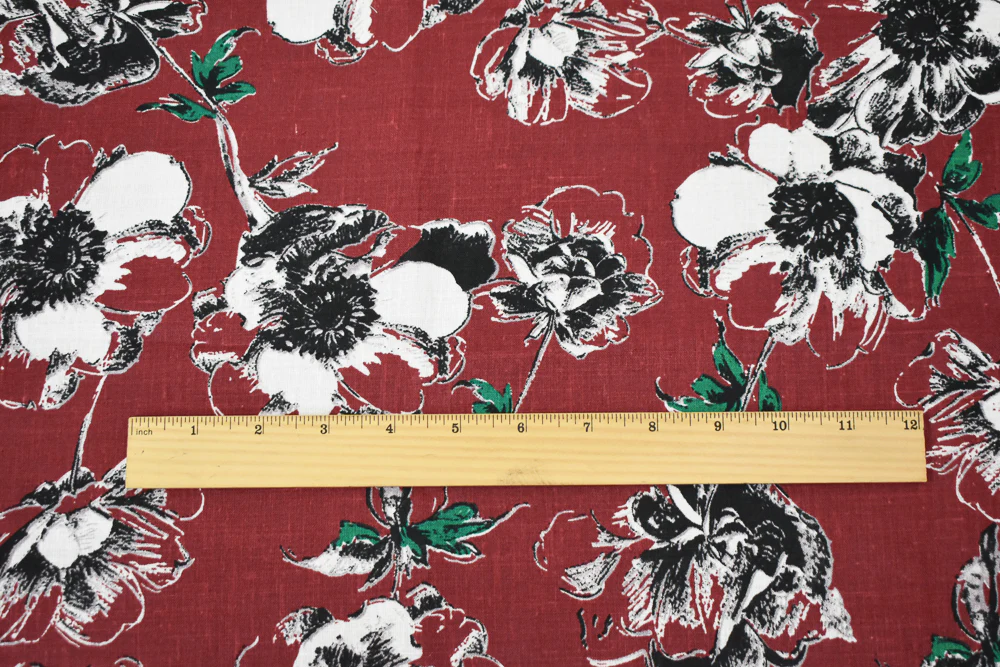 Red-Black-Green Floral Printed Linen Woven Fabric - Image 5