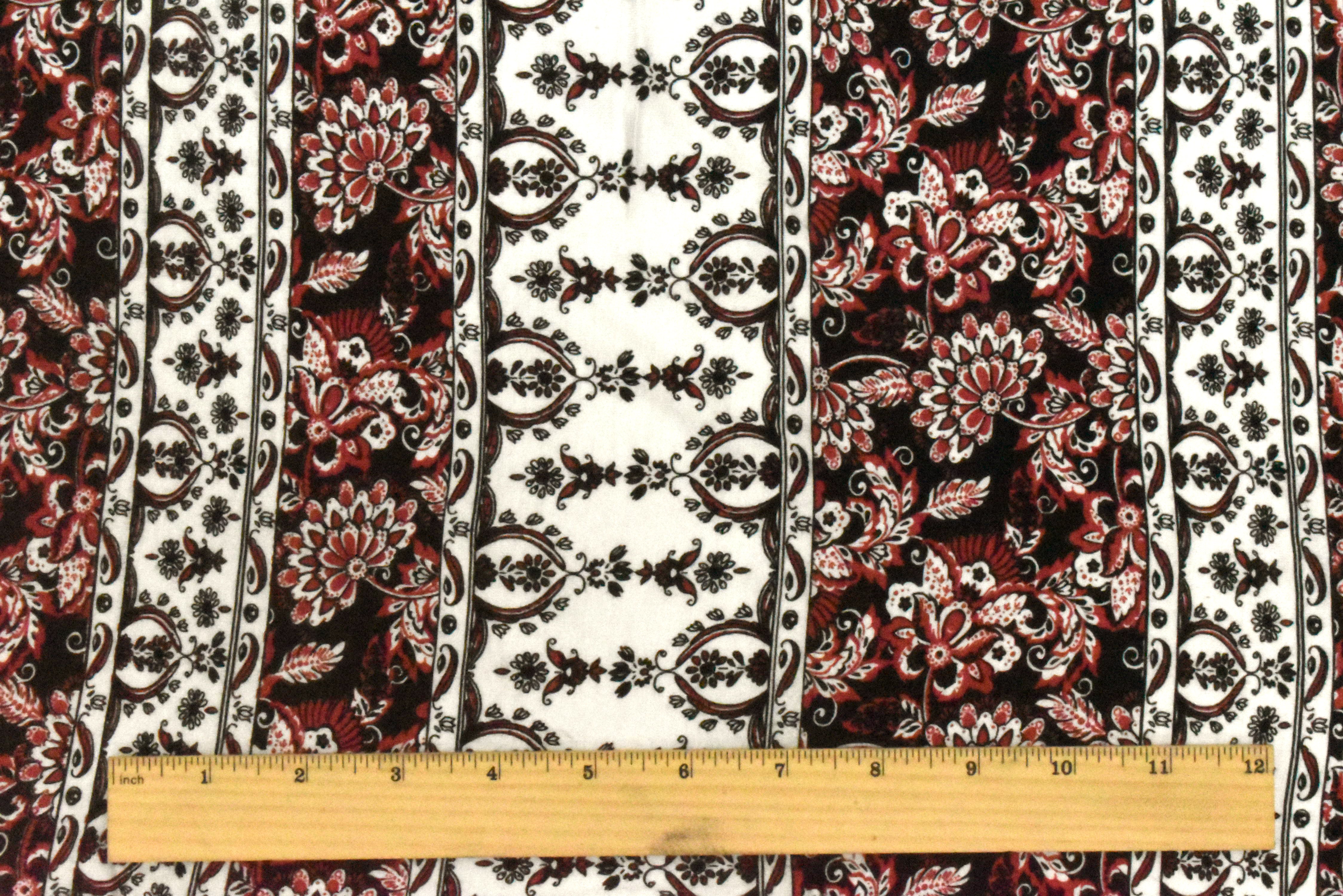 Red-Black-Ivory Stripe Floral Print Slub Rayon Stretch Jersey Knit Fabric - Image 5