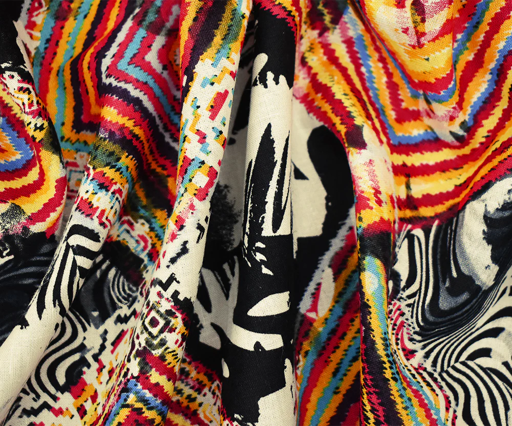 Red-Black-Multi Abstract Diamond Aztec Pattern Printed Linen Woven Fabric - Image 2