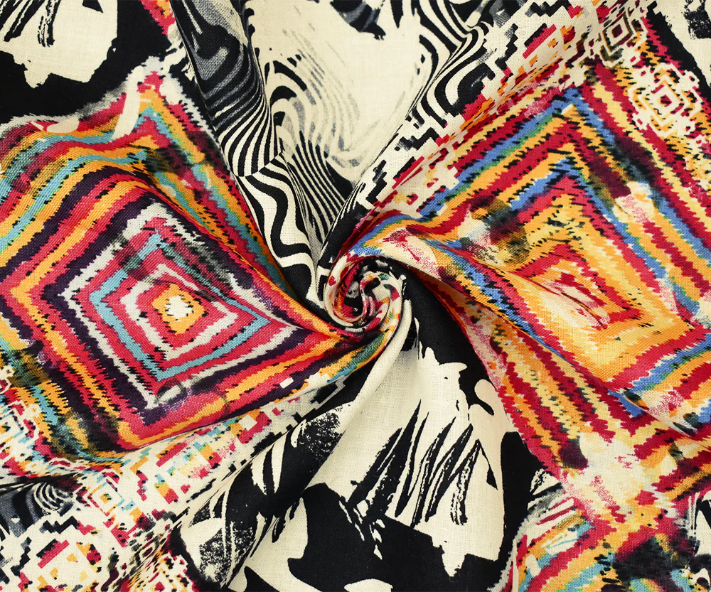 Red-Black-Multi Abstract Diamond Aztec Pattern Printed Linen Woven Fabric - Image 3