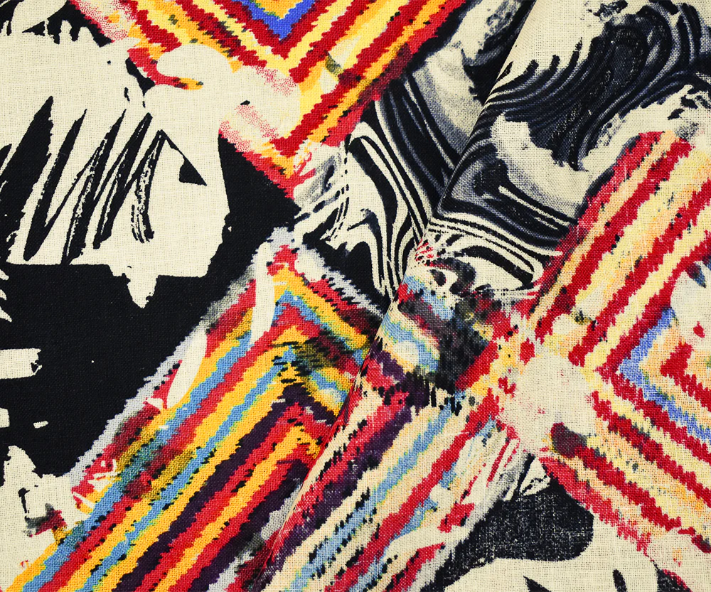 Red-Black-Multi Abstract Diamond Aztec Pattern Printed Linen Woven Fabric - Image 4
