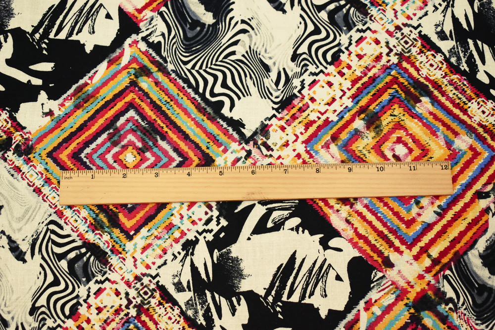 Red-Black-Multi Abstract Diamond Aztec Pattern Printed Linen Woven Fabric - Image 5