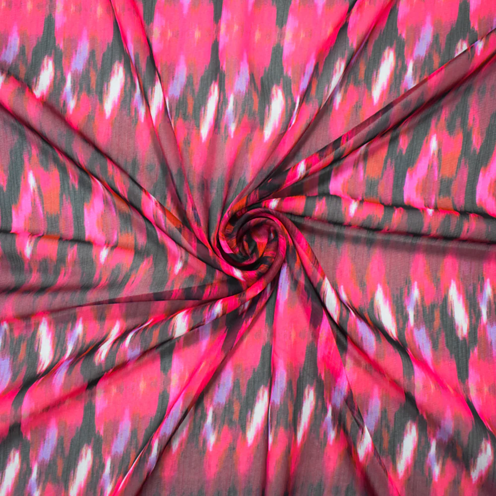 Red-Black-Multi Abstract Printed Crinkle Yoryu Chiffon Woven Fabric