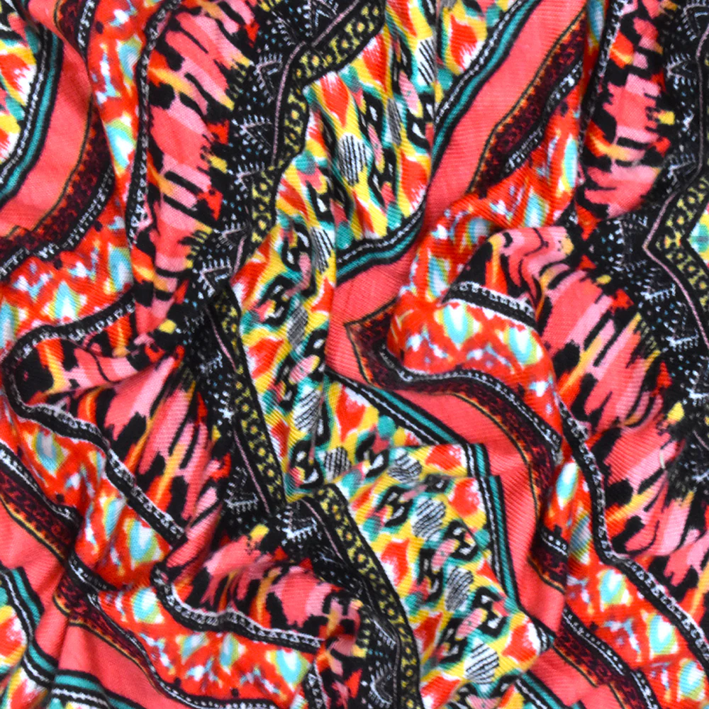 Red-Black-Multi Mix Pattern Chevron Printed Stretch Jersey Knit Fabric - Image 3