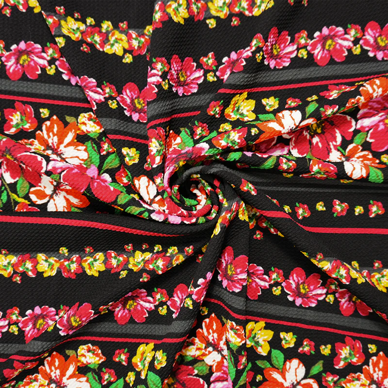 Red-Black-Multi Poly Floral Stripe Print Liverpool Double Knit Fabric