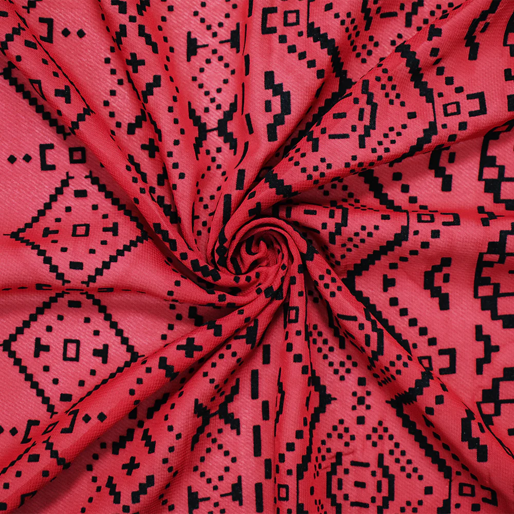 Red-Black Poly Aztec Geometric Velvet Flocked Printed Chiffon Woven Fabric