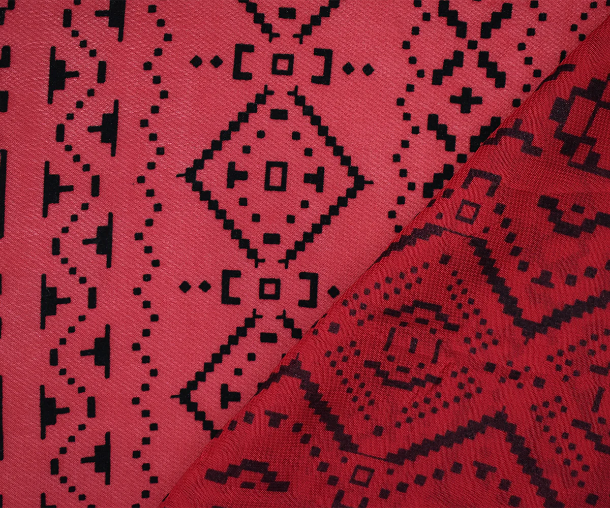 Red-Black Poly Aztec Geometric Velvet Flocked Printed Chiffon Woven Fabric - Image 2