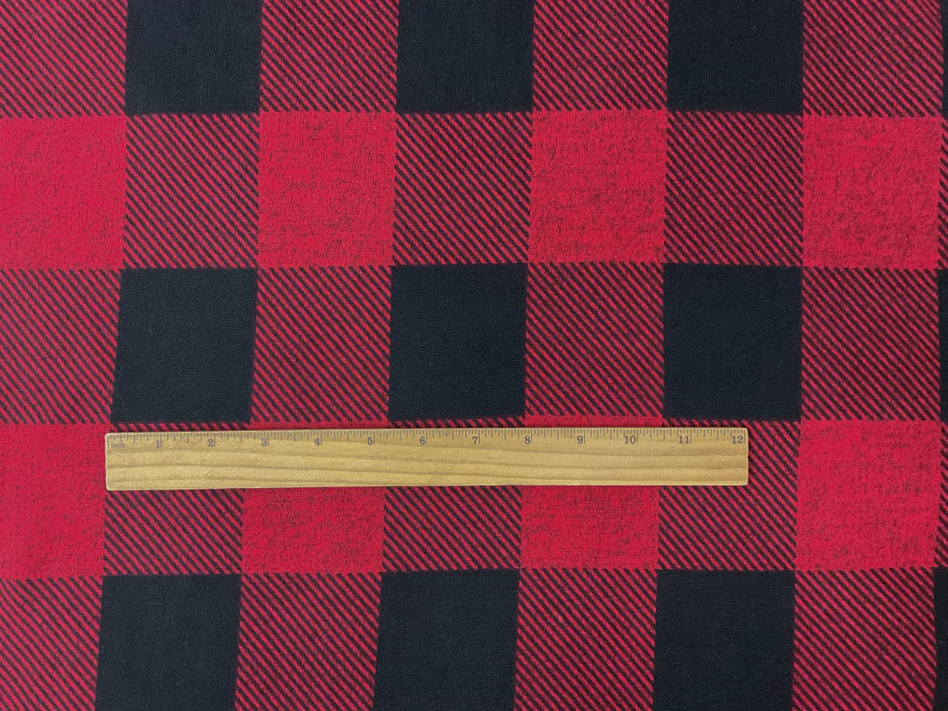 Red-Black Poly Stretch Check Print Brush Face Jersey Knit Fabric - Image 3