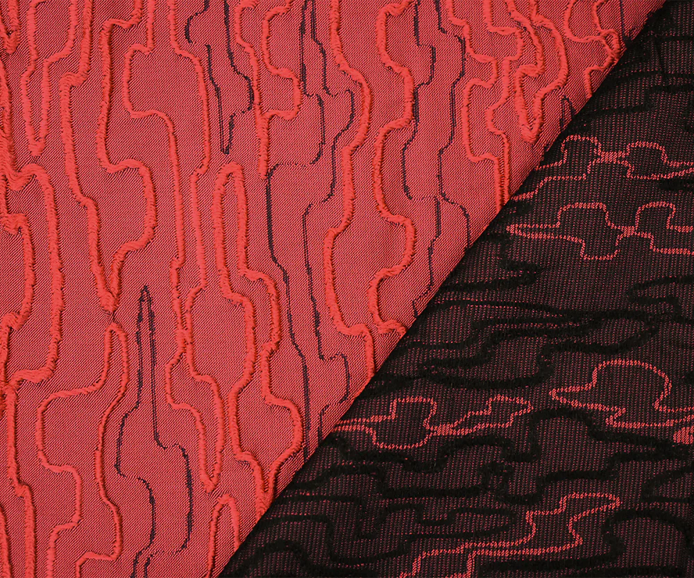 Red-Black Polyester Abstract Embroidered Jacquard Woven Fabric - Image 2