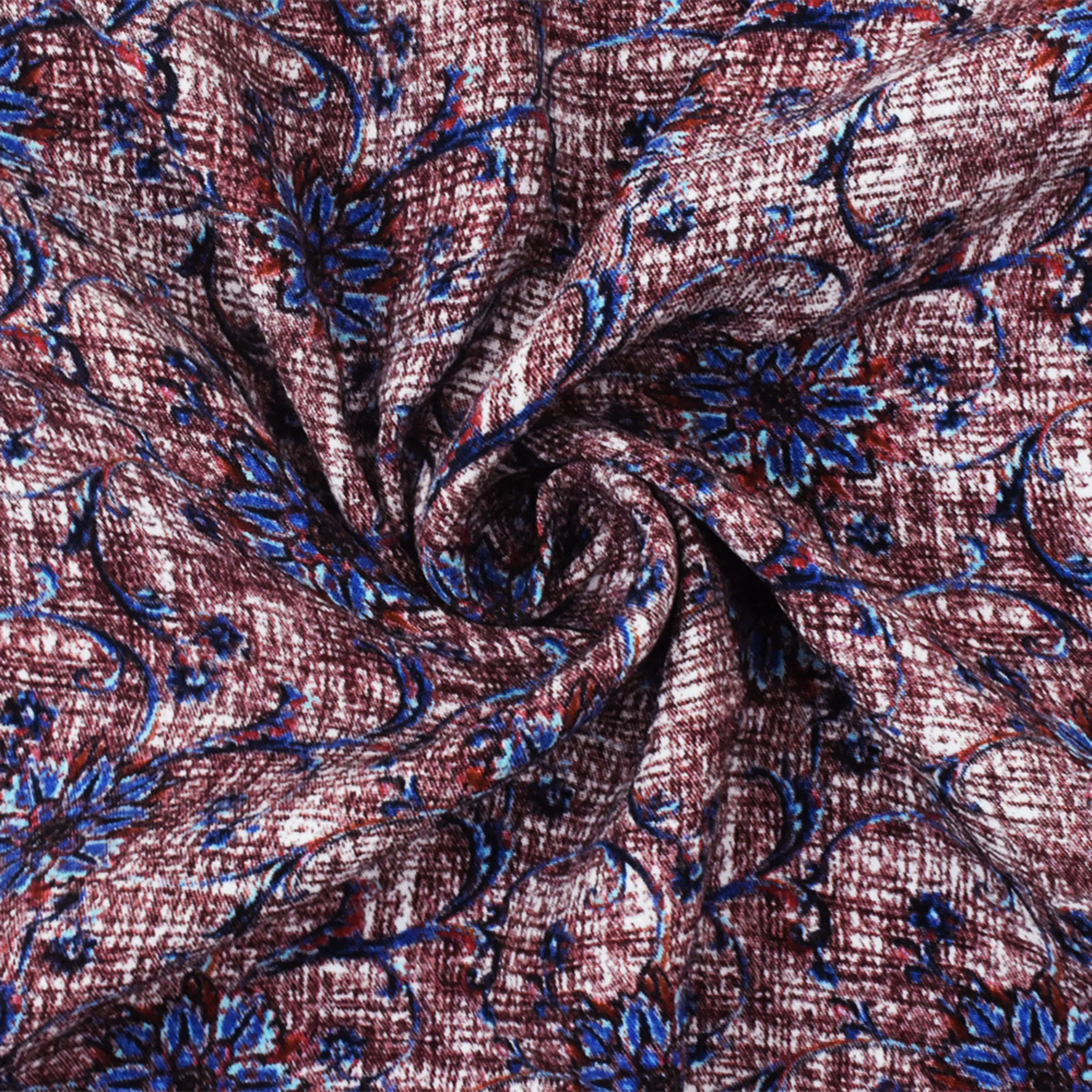 Red-Blue-Multi Famous Designer Viscose Floral Printed Crepe Faille Fabric - Image 3