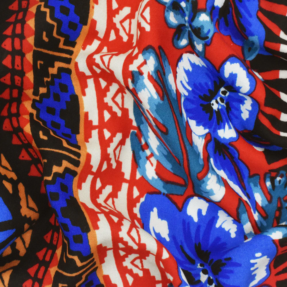 Red-Blue-Multi Floral Tribal Stripe Printed Challis Fabric - Image 3