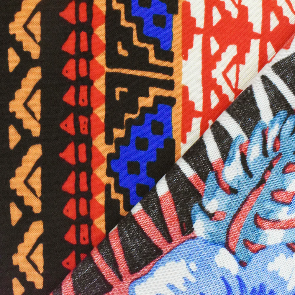 Red-Blue-Multi Floral Tribal Stripe Printed Challis Fabric - Image 4