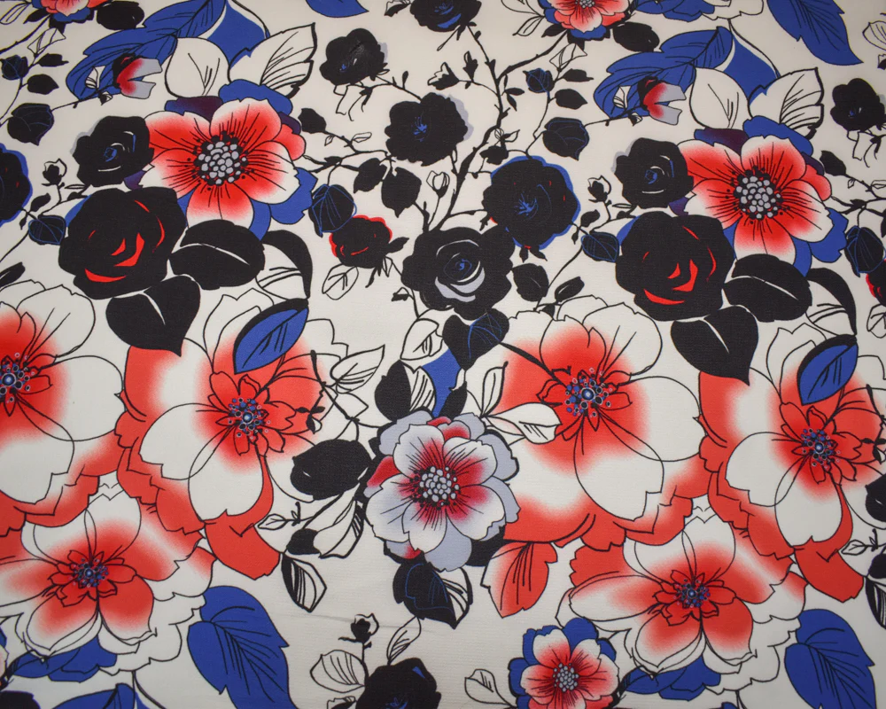Red-Blue-Multi Poly Floral Printed Pebble Crepe Woven Fabric - Image 3