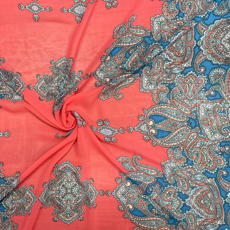 Red-Blue-Multi Poly Paisely Border Printed Chiffon Woven Fabric