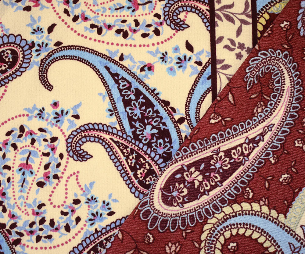 Red-Blue-Multi Poly Paisley Border Printed Pebble Crepe Woven Fabric - Image 3