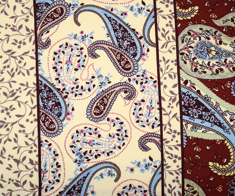 Red-Blue-Multi Poly Paisley Border Printed Pebble Crepe Woven Fabric - Image 4