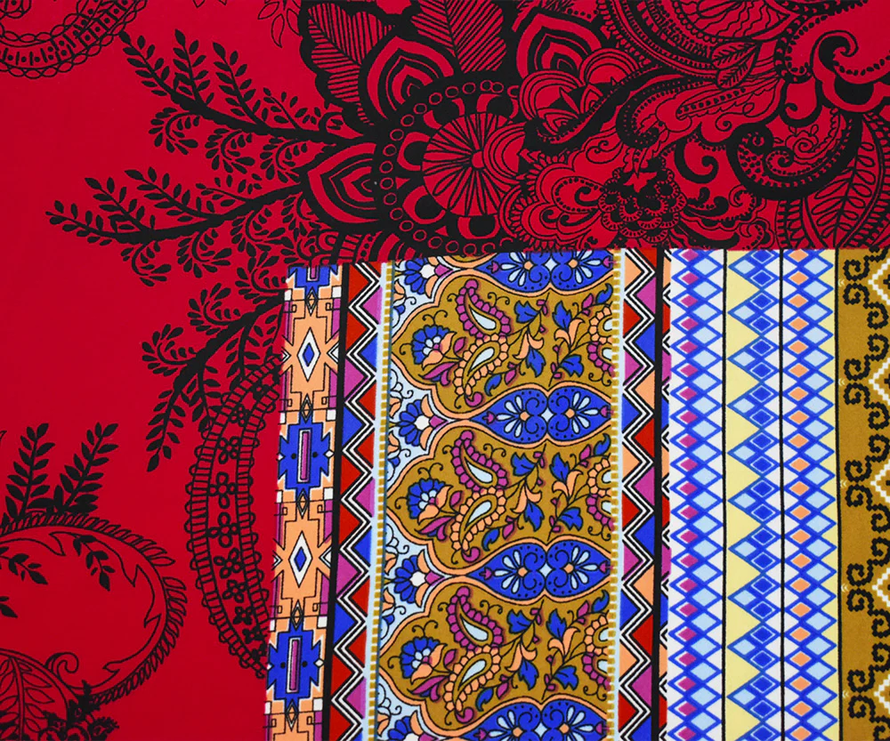 Red-Blue-Orange Poly Multi Pattern Print Momie Crepe Georgette Woven Fabric - Image 3