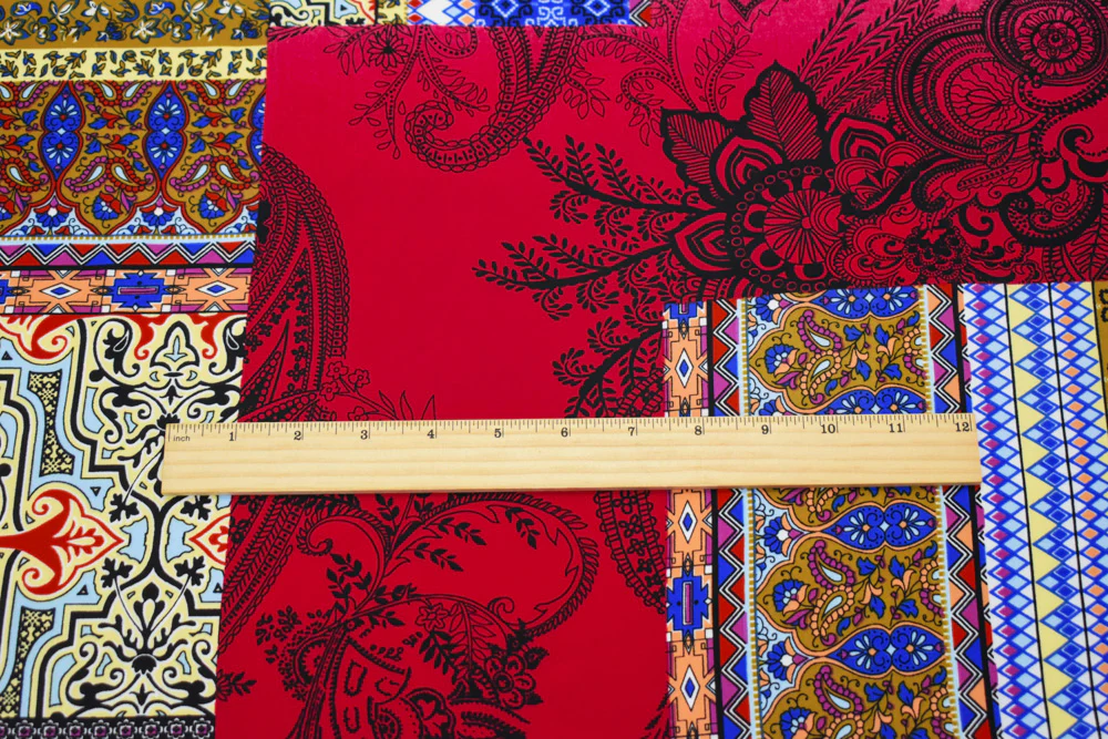 Red-Blue-Orange Poly Multi Pattern Print Momie Crepe Georgette Woven Fabric - Image 4