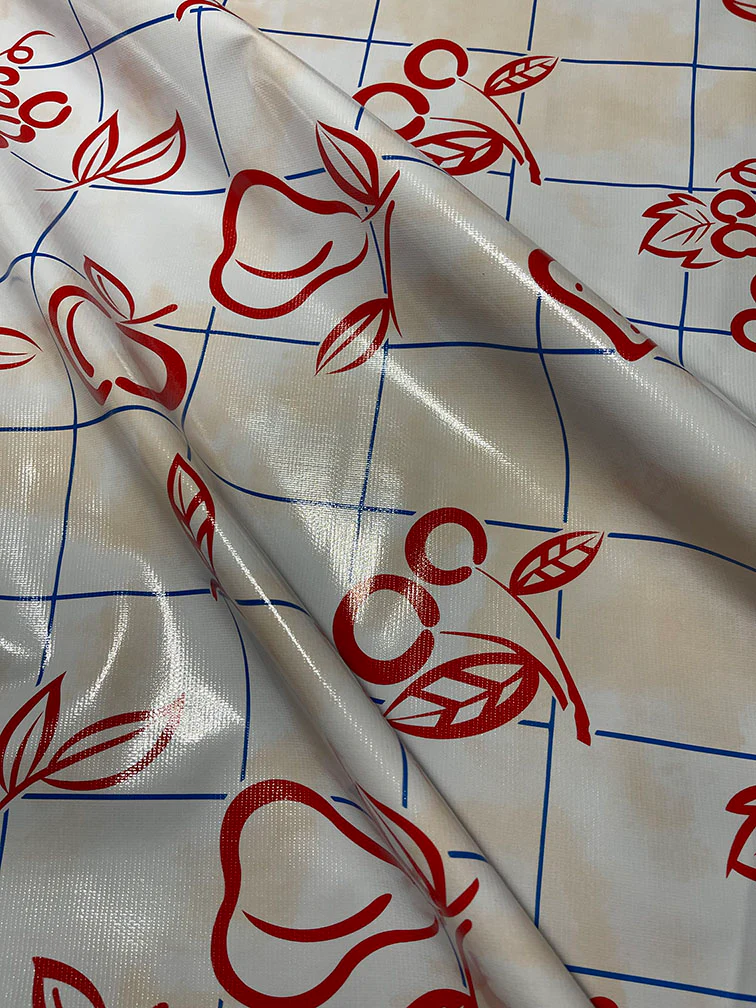 Red Blue Peach Check Oilcloth Fabric - Reorderable - Image 3
