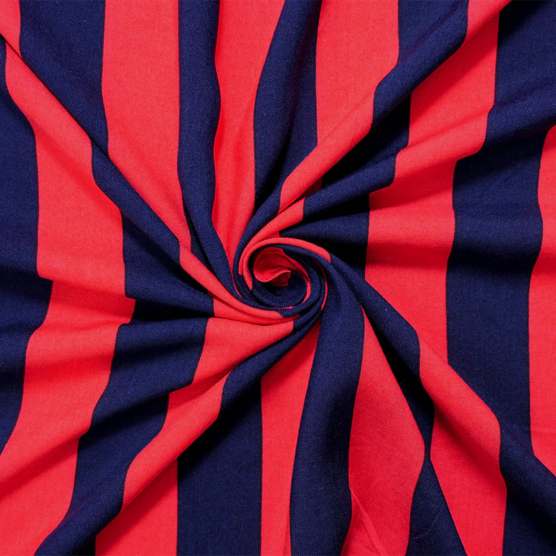 Red-Blue Rayon Stripe Printed Challis Woven Fabric