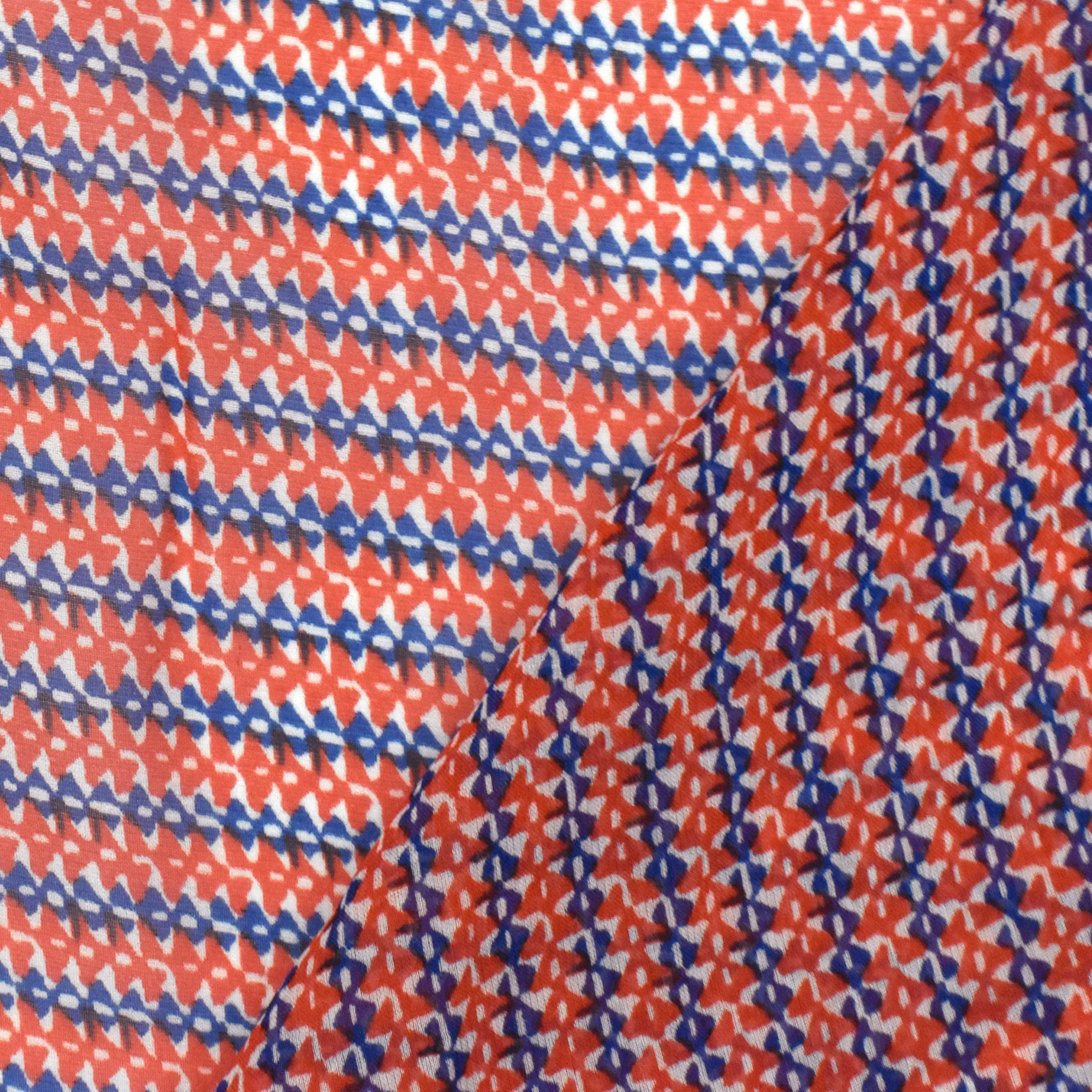 Red-Blue-White Mini Aztec Stripe Printed Silk Chiffon Woven Fabric - Image 5