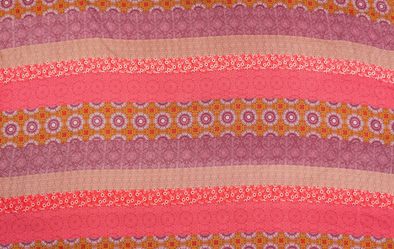 Red-Brown-Multi Rayon Stripe Moroccan Printed Challis Woven Fabric - Image 2
