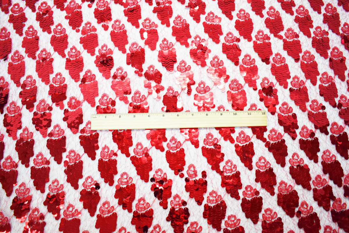 Red-Gold Metallic Poly Sequined Crochet Lace Knit Fabric - Image 4