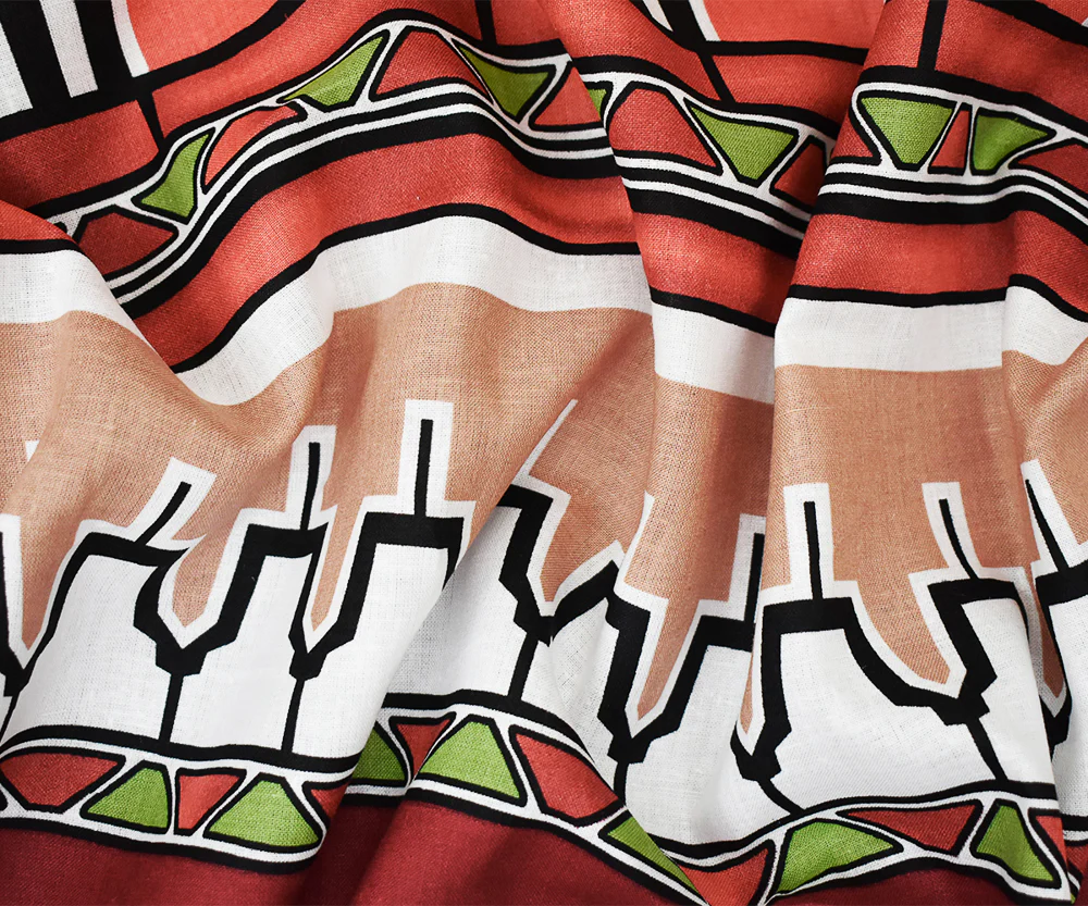 Red-Green-Multi Abstract Aztec Stripe Pattern Printed Linen Woven Fabric - Image 2