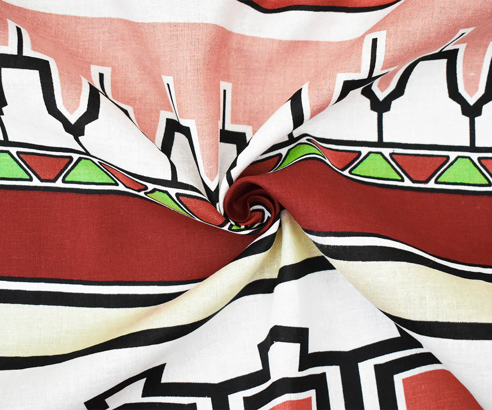 Red-Green-Multi Abstract Aztec Stripe Pattern Printed Linen Woven Fabric - Image 3