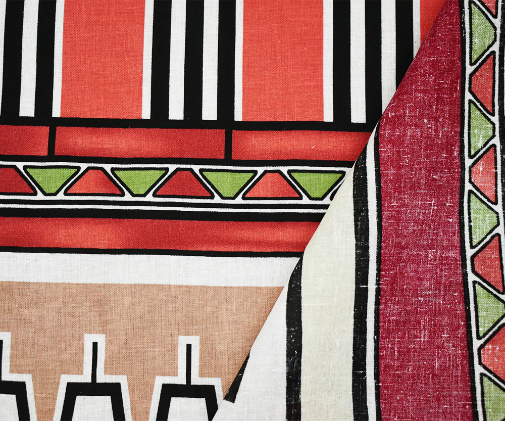 Red-Green-Multi Abstract Aztec Stripe Pattern Printed Linen Woven Fabric - Image 4