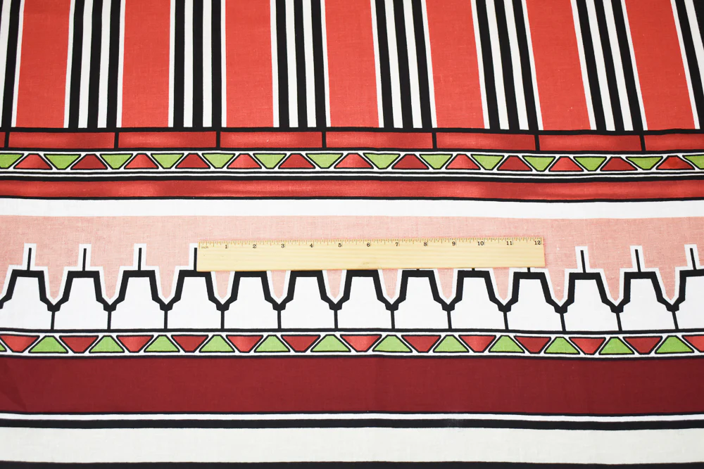 Red-Green-Multi Abstract Aztec Stripe Pattern Printed Linen Woven Fabric - Image 5