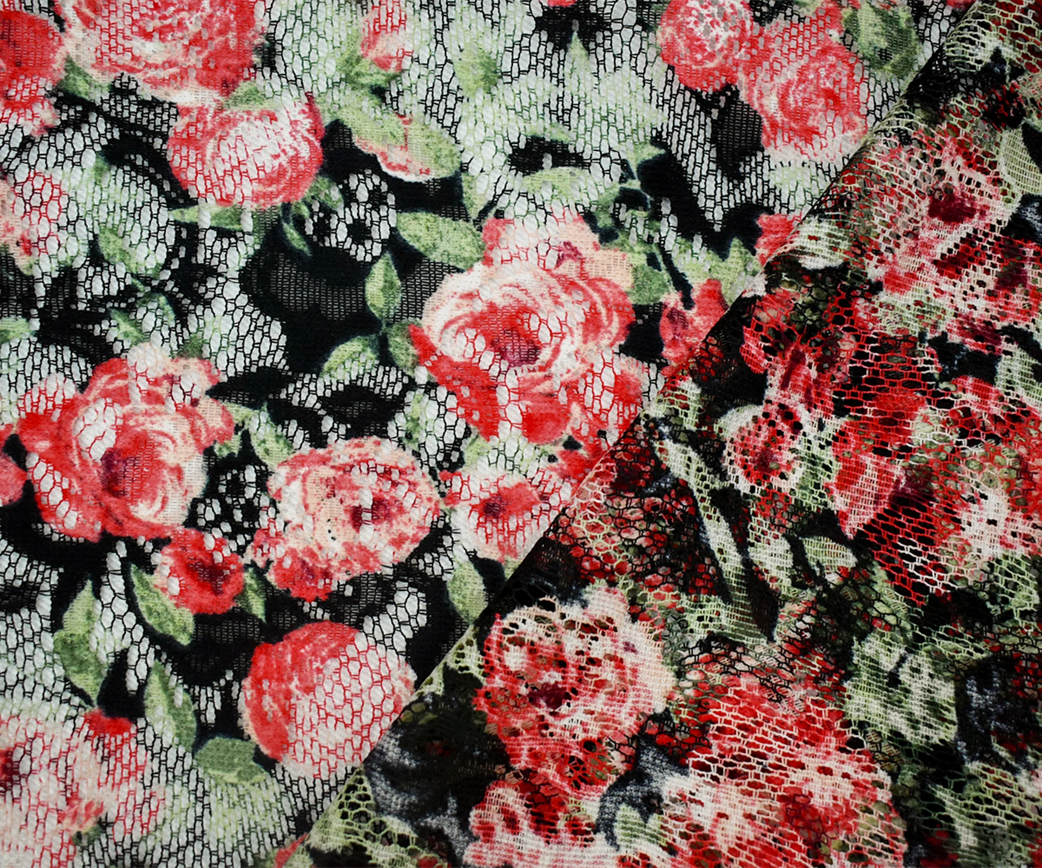 Red-Green-Multi Poly Rayon Floral Printed Crochet Lace Knit Fabric - Image 2