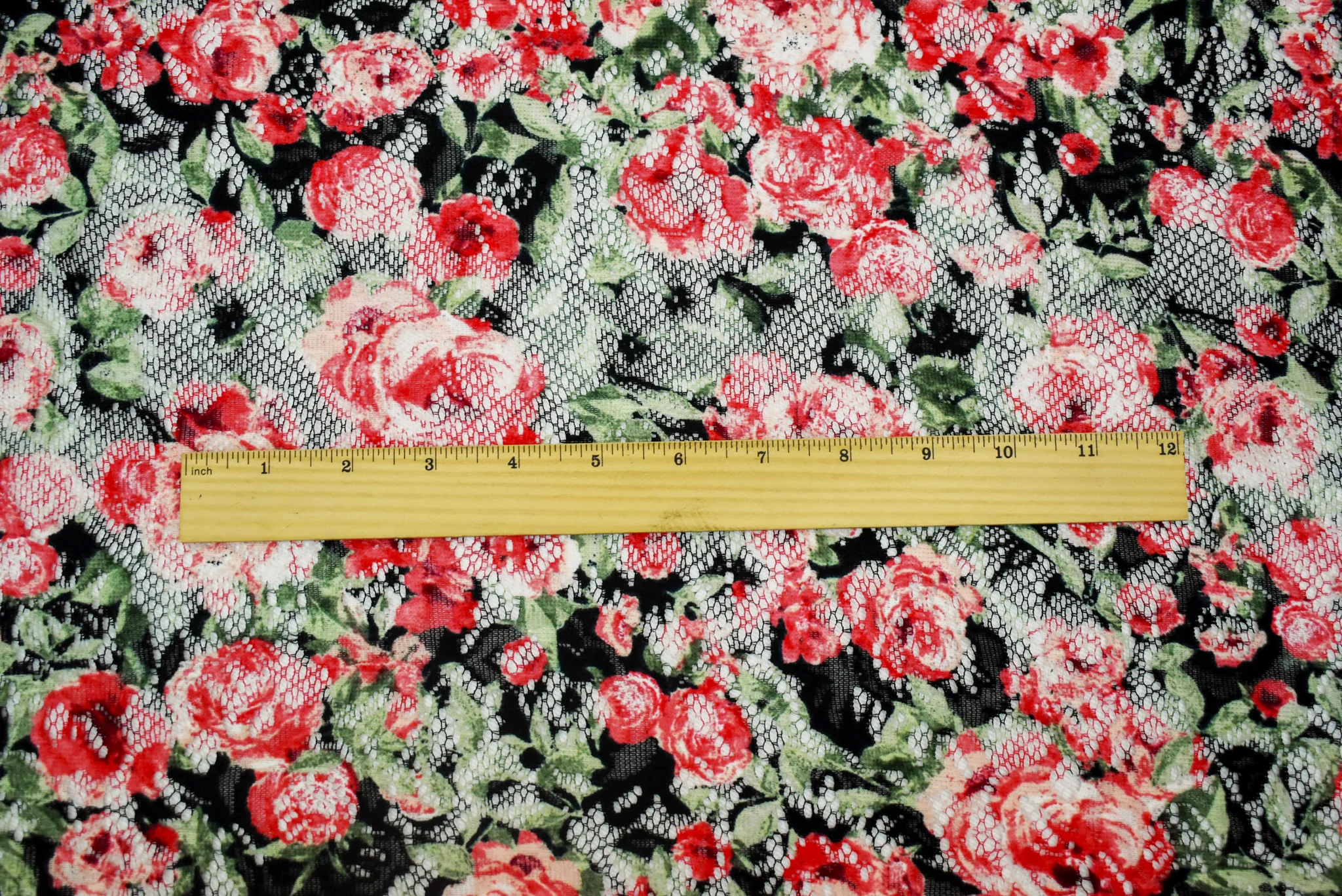 Red-Green-Multi Poly Rayon Floral Printed Crochet Lace Knit Fabric - Image 4