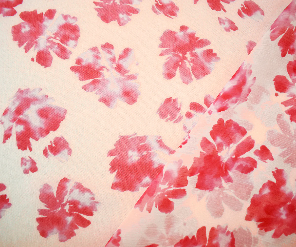Red-Ivory Poly Floral Printed Crinkle Yoryu Chiffon Woven Fabric - Image 2