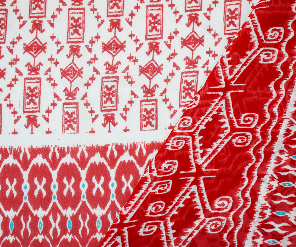 Red-Ivory-Turquoise Poly Aztec Border Printed Chiffon Woven Fabric - Image 3