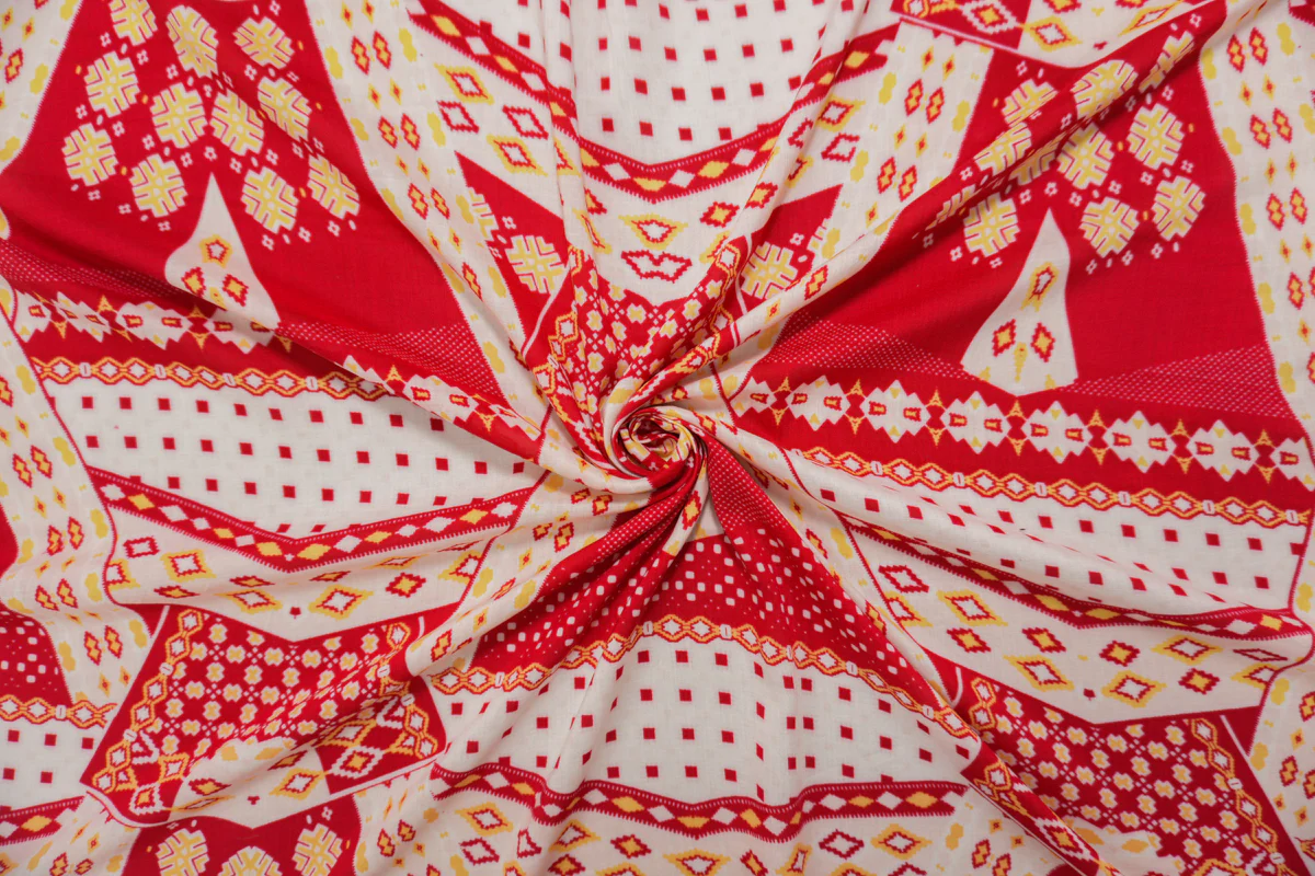 Red-Ivory-Yellow Rayon Aztec Printed Voile Woven Fabric - Image 4