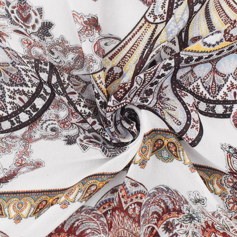 Red-Multi Famous Designer Viscose Paisley Border Printed Chiffon Fabric - Image 3