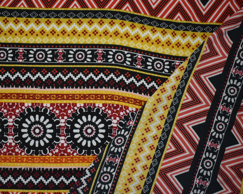 Red-Multi Poly Floral Aztec Stripe Border Printed Pebble Crepe Woven Fabric - Image 2