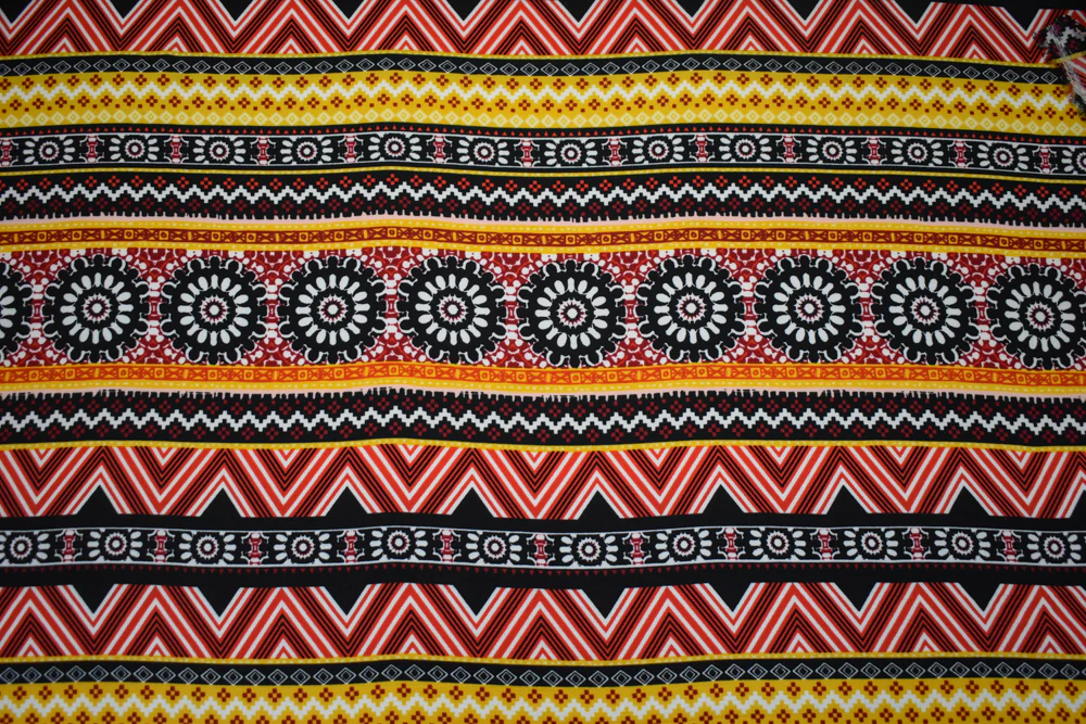 Red-Multi Poly Floral Aztec Stripe Border Printed Pebble Crepe Woven Fabric - Image 3