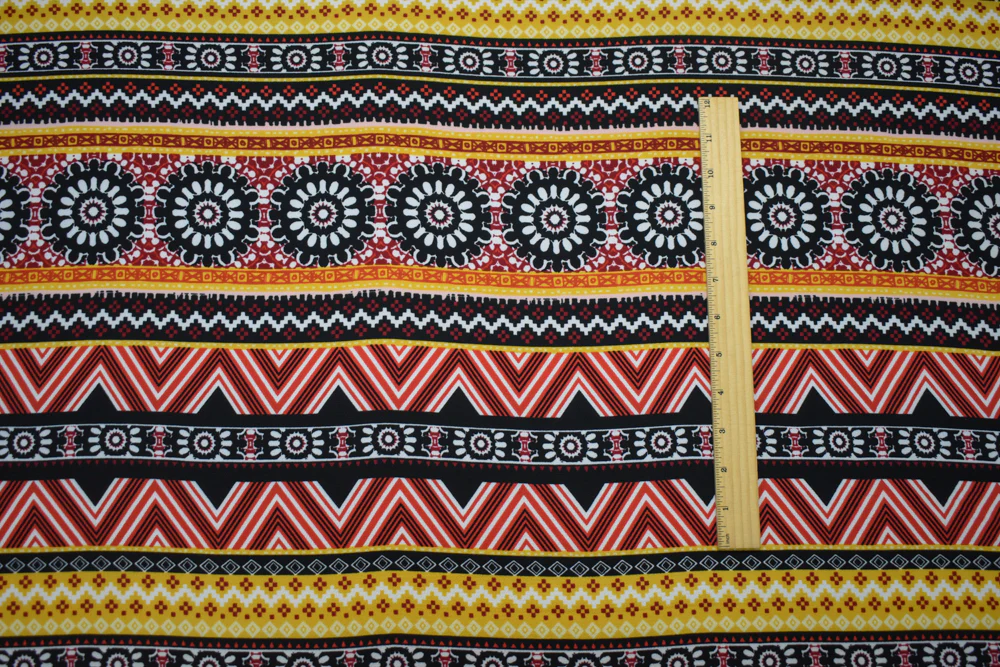 Red-Multi Poly Floral Aztec Stripe Border Printed Pebble Crepe Woven Fabric - Image 4