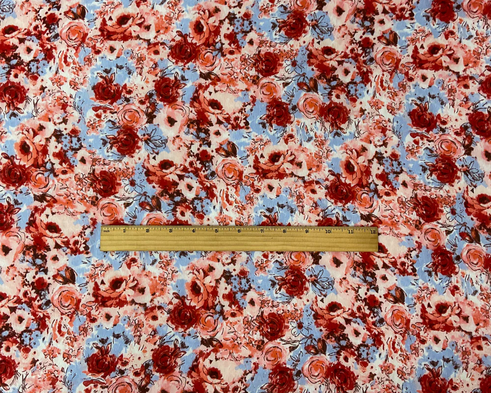 Red-Multi Poly Floral Printed Ogee Dobby Chiffon Woven Fabric - Image 4