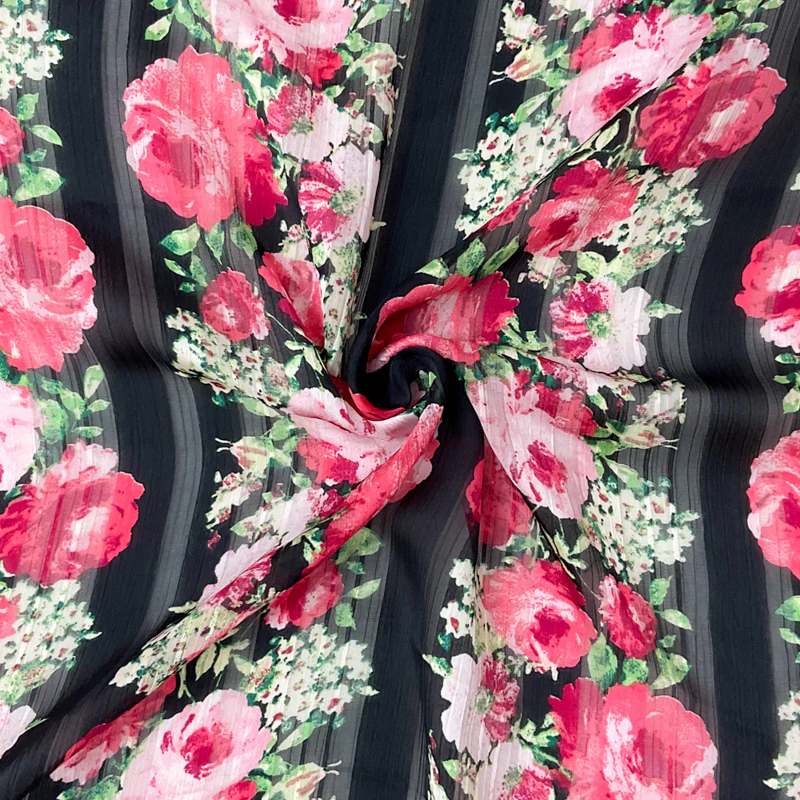 Red-Multi Poly Floral Printed Satin Stripe Chiffon Woven Fabric