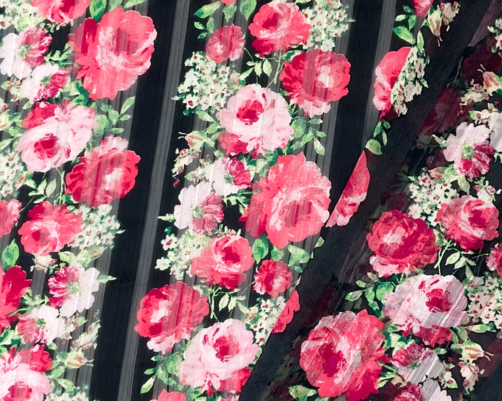 Red-Multi Poly Floral Printed Satin Stripe Chiffon Woven Fabric - Image 2